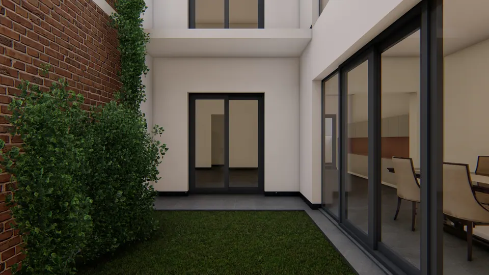 Rendered courtyard lawn with climbers on a brick wall and black-framed sliding doors into the dining room