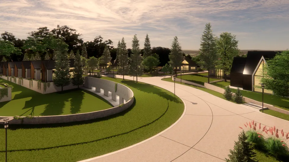 Rendered curving road past a sunken oval lawn with a retaining wall, rows of houses beyond