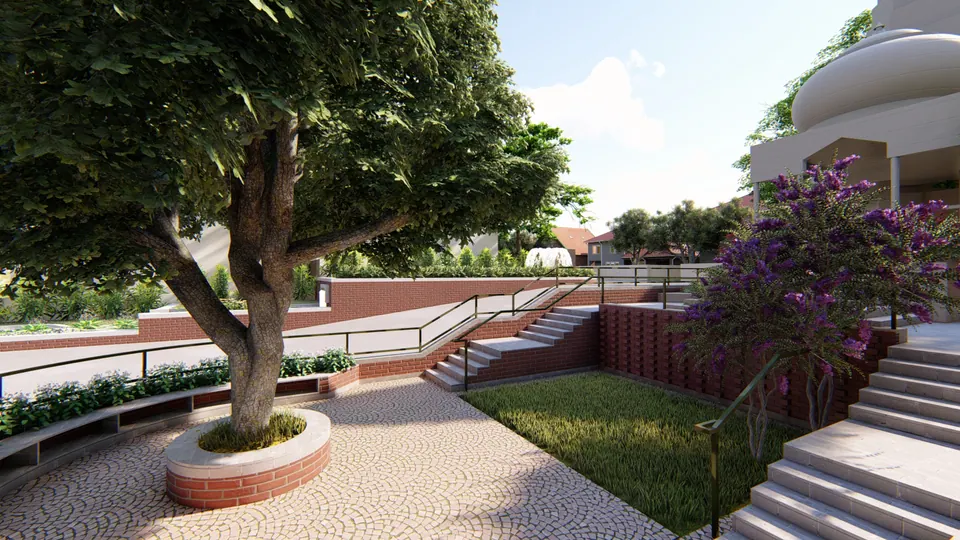 Rendered paved forecourt with a tree in a round brick planter, steps and a ramp beside the temple