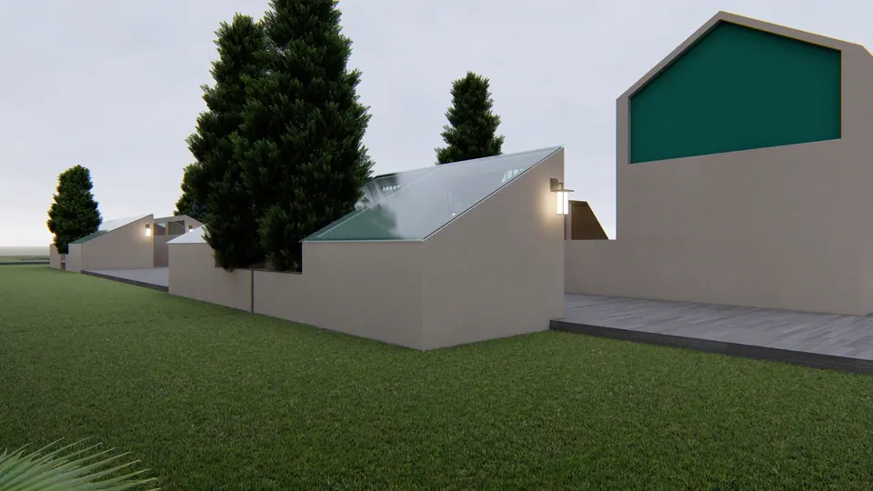 Rendered terrace lawn with glass-roofed skylights, conifers and a green gable end