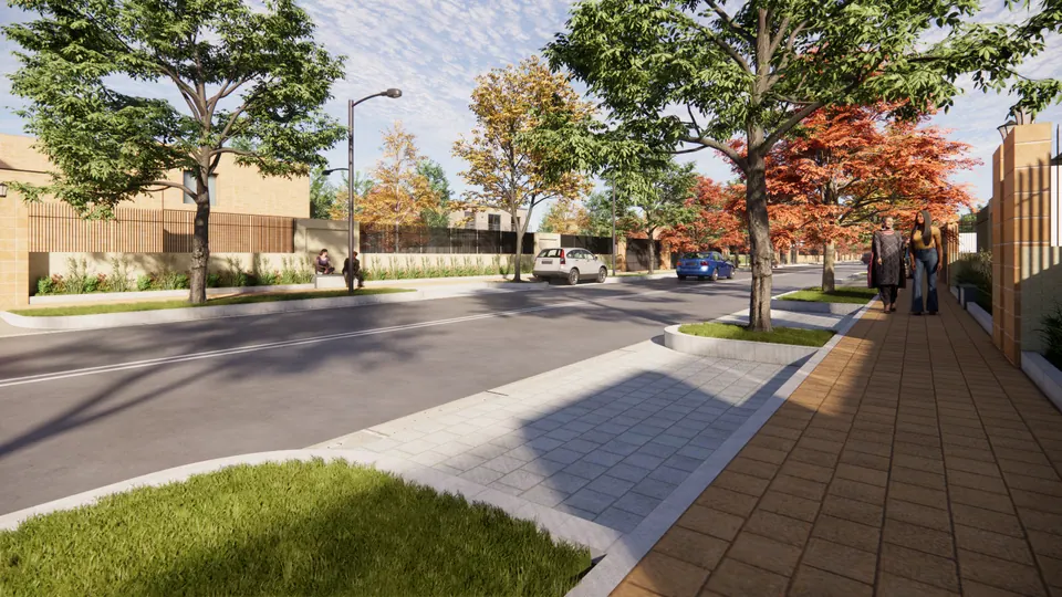 Rendered street corner: a paved footpath with two pedestrians, lawned kerbs, trees and a lamp post, with houses behind walls