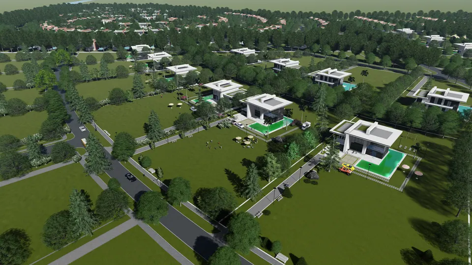 Rendered aerial of white villas with pools on large wooded plots along winding lanes