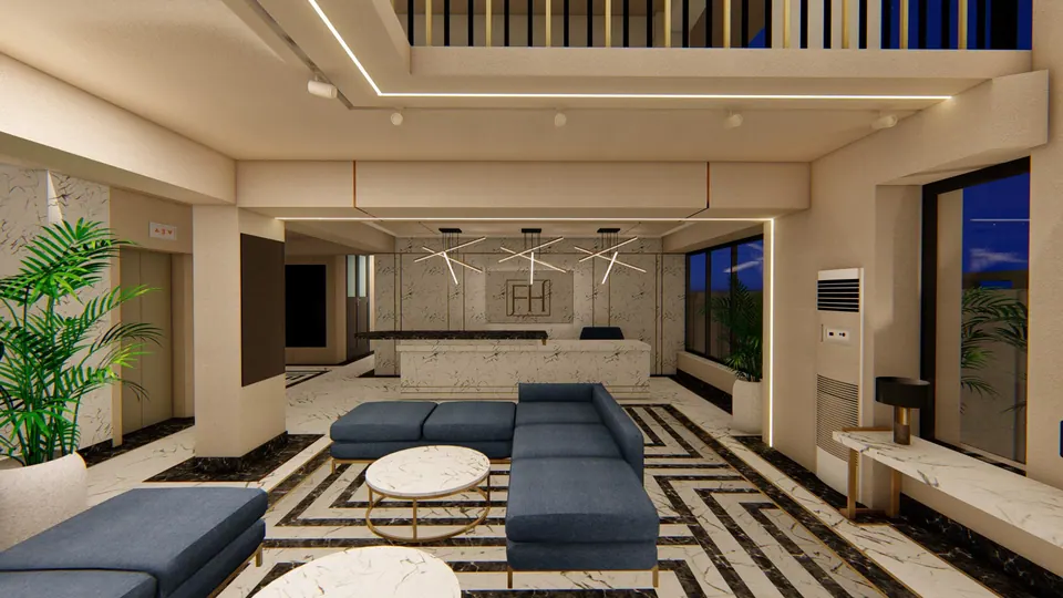 Rendered reception lobby with blue sectional sofas on a marble floor with black inlay and an FH reception desk