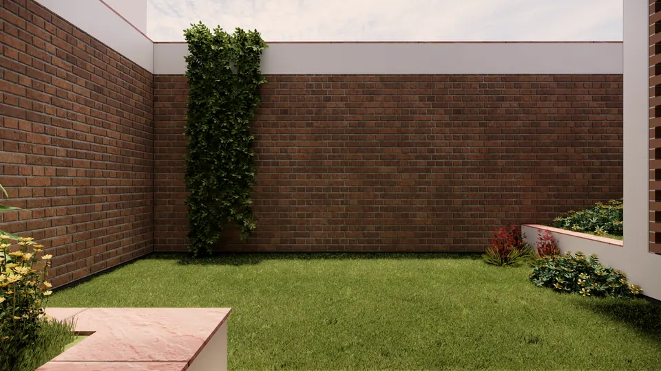 Rendered garden court: a lawn enclosed by exposed-brick walls, with a climbing plant and beds of red and yellow flowering shrubs