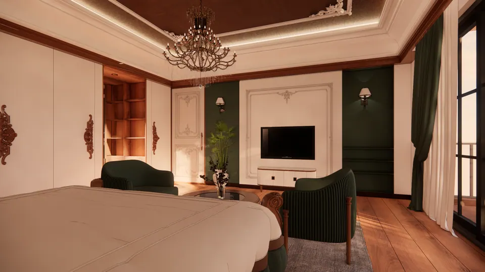 Rendered view from the bed: a TV set in a cream panel between green walls and lamps, beside open timber shelving