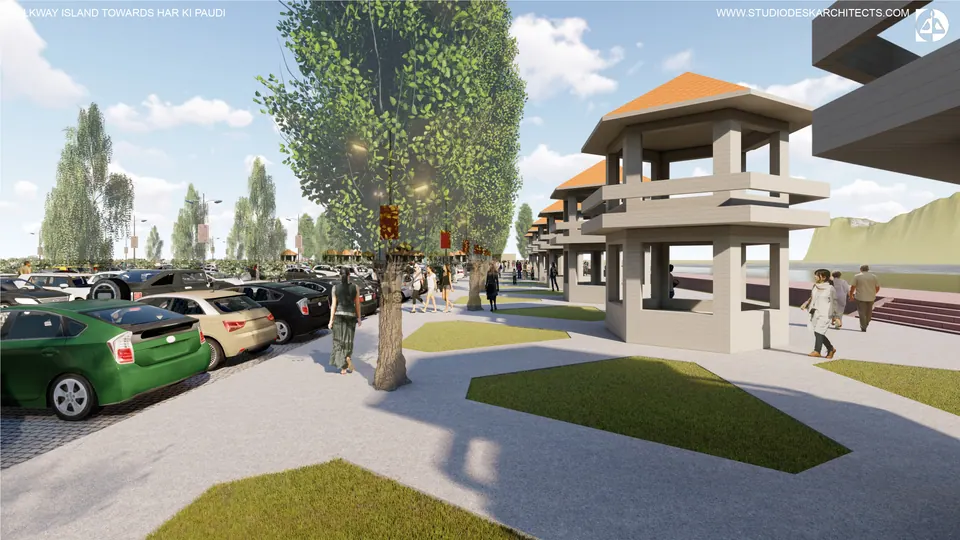 Rendered walkway beside parked cars with a two-storey kiosk under an orange roof and pedestrians