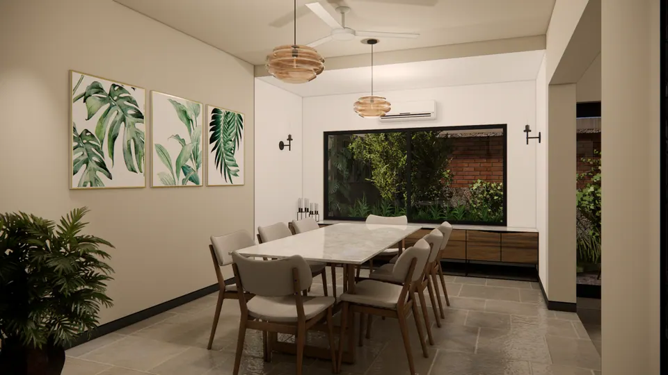 Rendered dining room: a long marble-topped table, three botanical prints and a wide picture window onto the garden