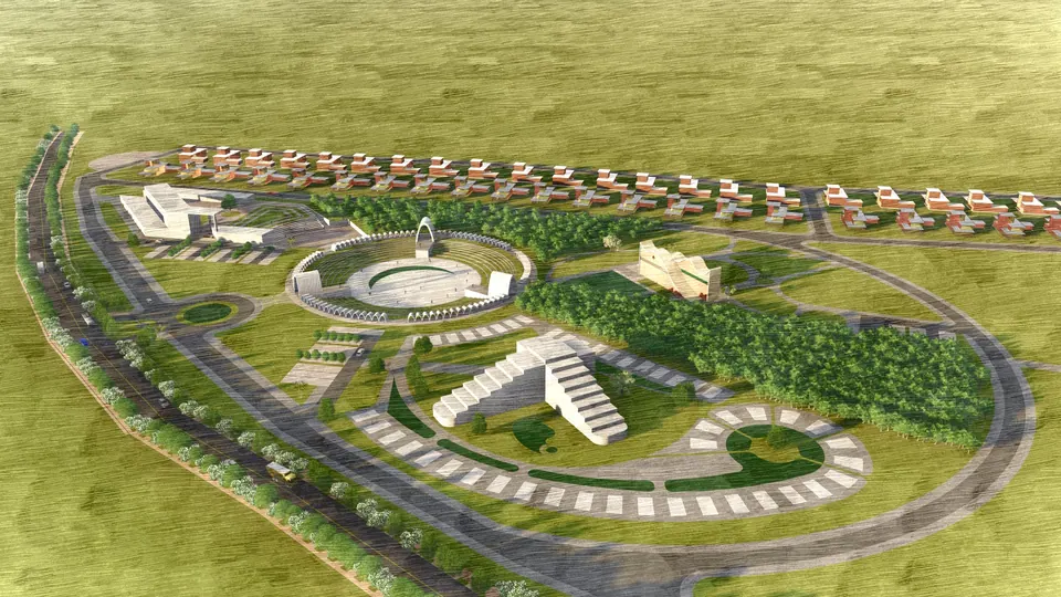 Rendered aerial of a park with the oval amphitheatre, stepped lawns and paths, house plots along the edge