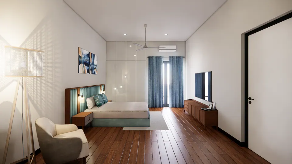 Rendered long view of the bedroom: the bed, a full-height white wardrobe, blue curtains at the glazed door and a TV over a timber console