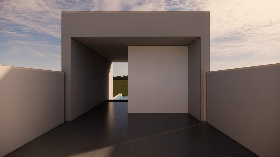Rendered framed opening on the roof: a dark-tiled terrace leading to the pool edge and open sky
