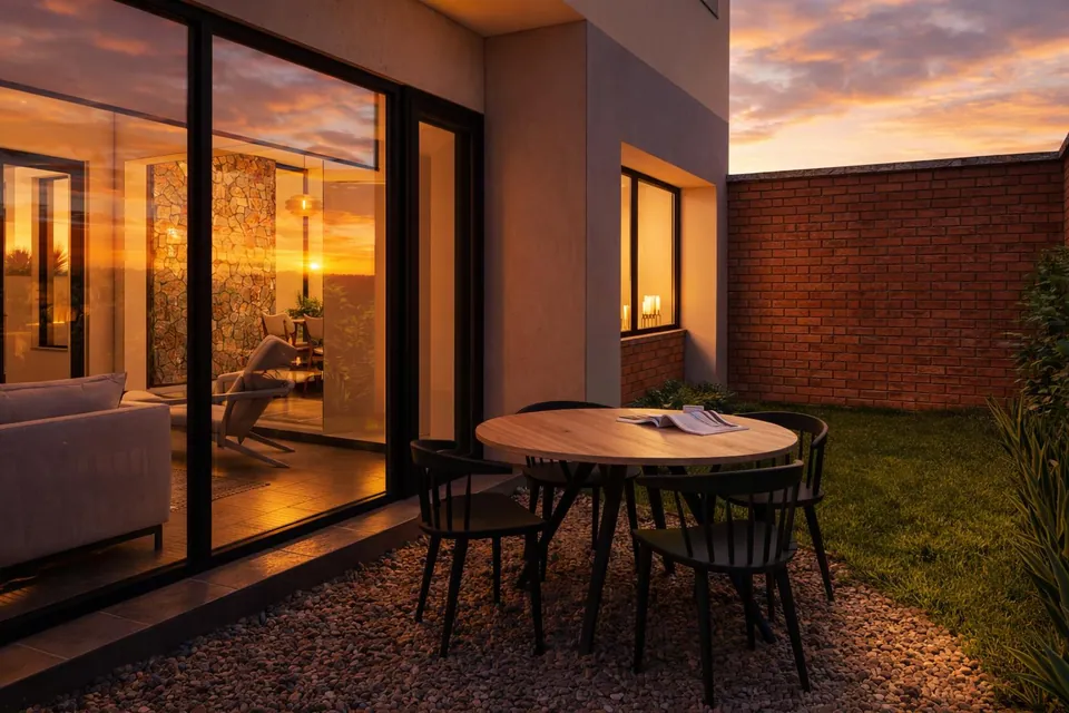Rendered garden patio at sunset: a round table and black chairs on gravel beside glass doors, with a brick boundary wall