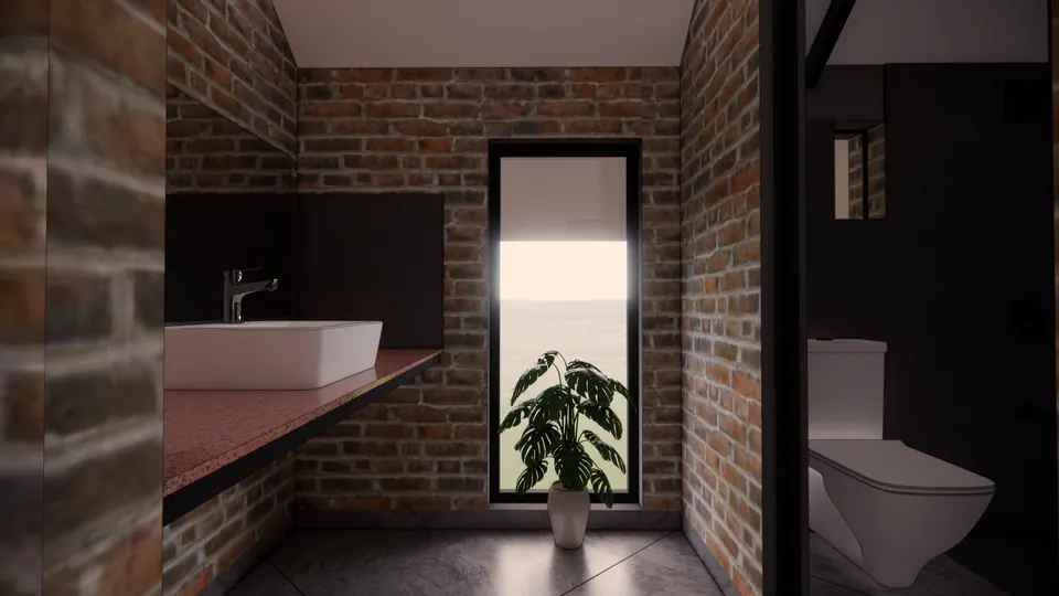 Rendered bathroom with a basin on a terrazzo shelf, a slit window with a plant and a wall-hung WC