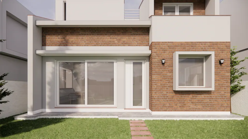 Rendered facade close-up: a brick-clad wing with a framed window, a white rendered bay with a sliding glass door and a paved step