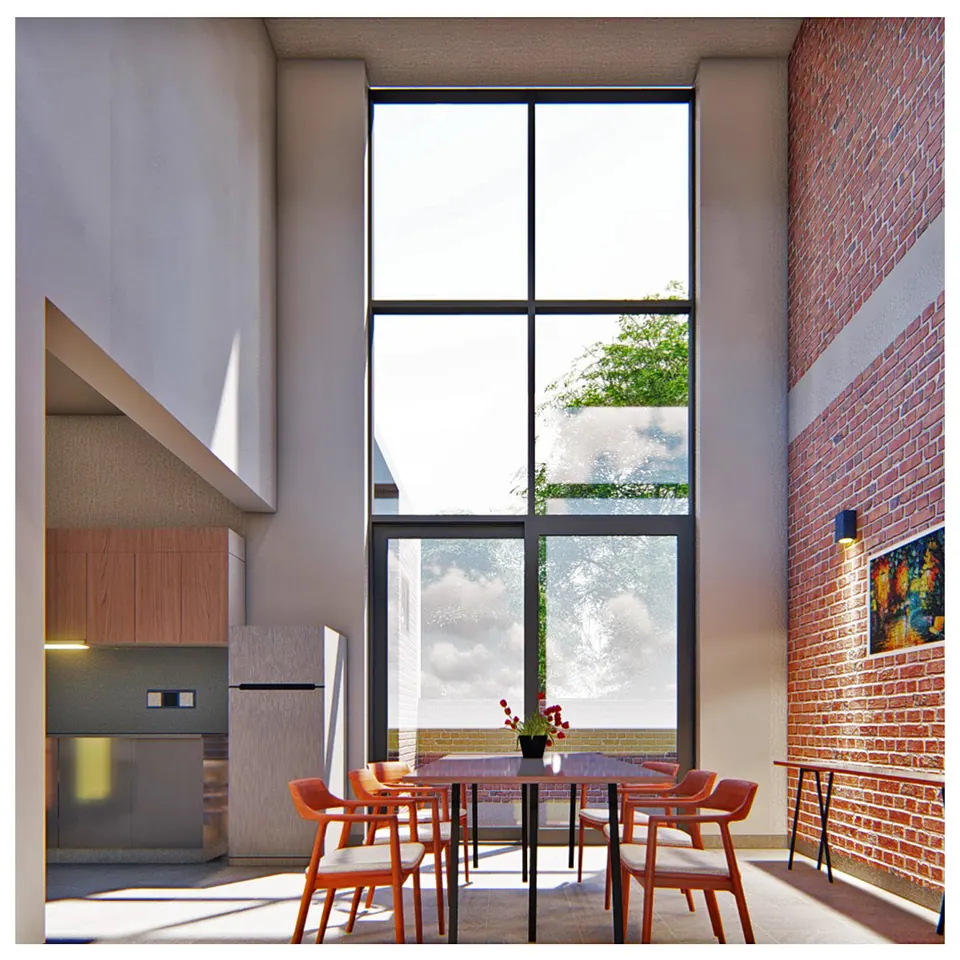 Rendered double-height dining area with orange chairs, a tall steel-framed window, a brick wall and a painting