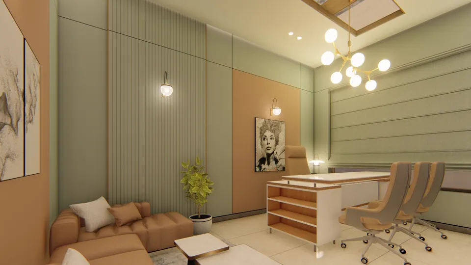 Rendered cabin with a desk and chairs, a tan sofa, sage fluted wall panels and a globe chandelier