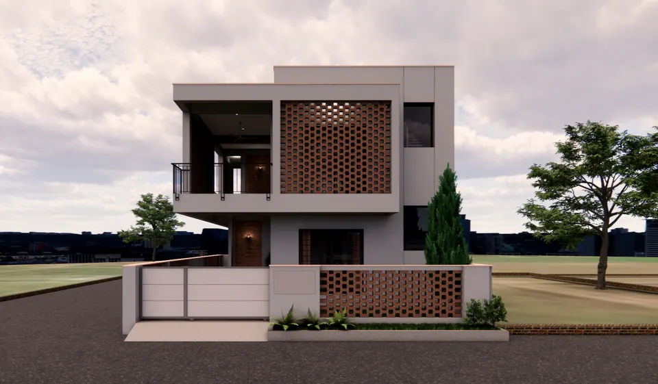 Rendered front of a two-storey grey house with a perforated brick screen on the upper floor, a balcony and a low boundary wall
