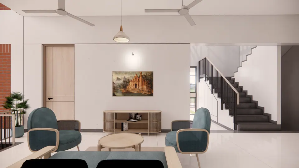 Rendered living room with teal armchairs, a round timber table and a wooden console; the stair rises behind