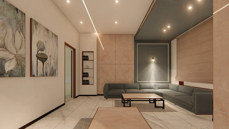 Rendered lounge with an L-shaped grey sofa, a timber table, lotus paintings and a backlit wall panel