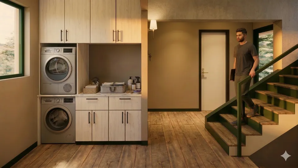Rendered laundry with a stacked washer and dryer in timber cabinets, beside a stair where a man is walking down