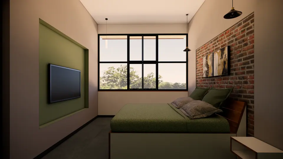 Rendered bedroom: a black-framed window onto trees, a TV in a green niche and abstract art on an exposed-brick wall