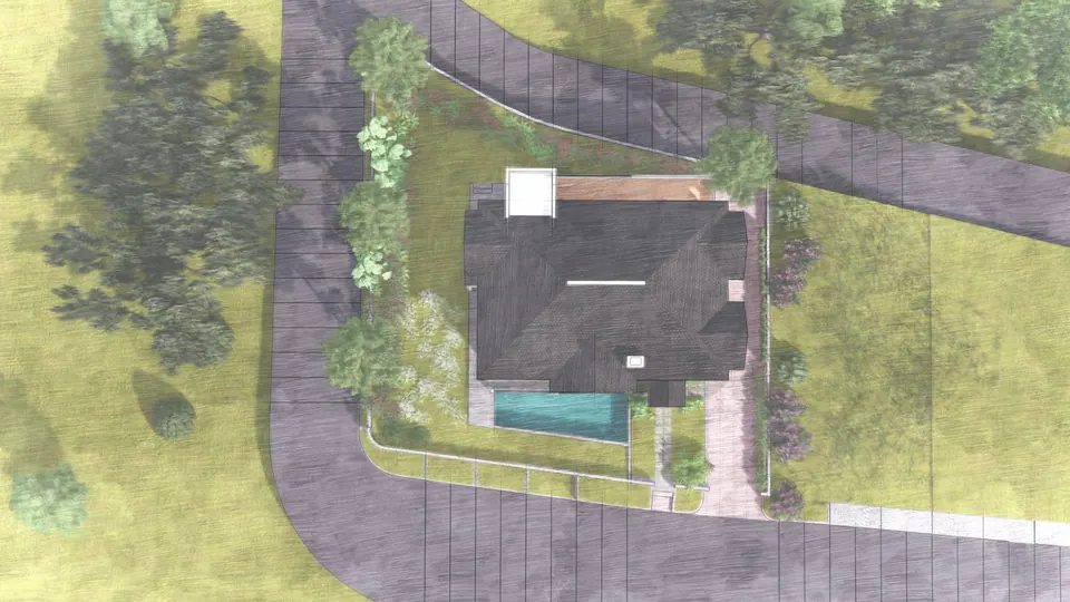 Rendered aerial site view: the house with its dark roof and pool on a planted plot beside a curving road