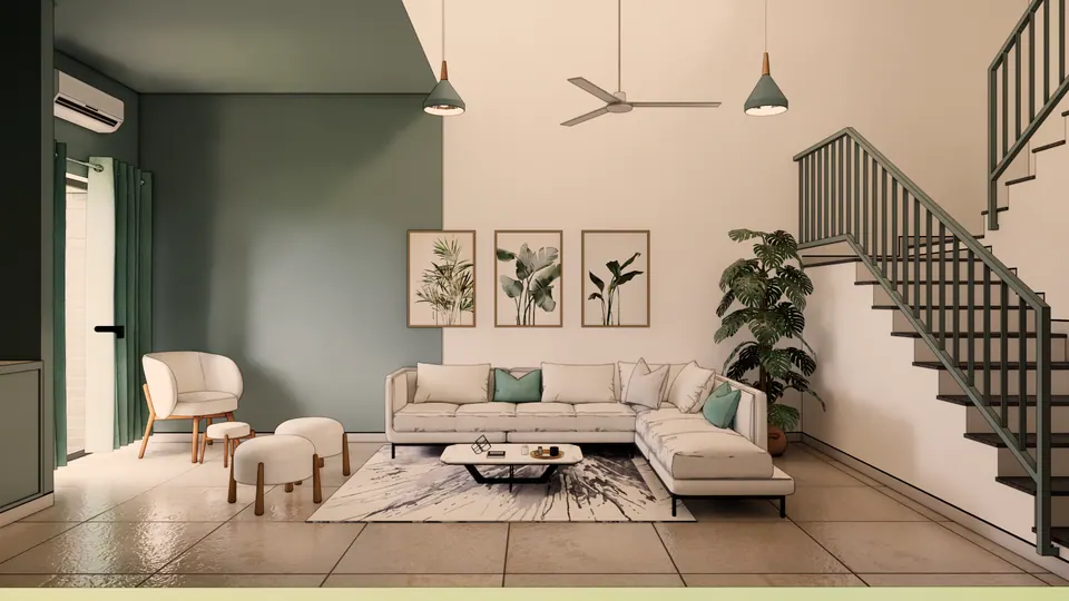 Rendered double-height living room: a sage-green wall, three botanical prints, a white sectional sofa and a steel stair