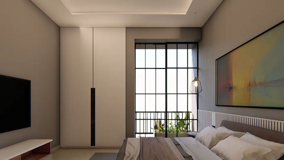 Rendered bedroom: a tall black-framed glazed door to a planted balcony, a long abstract painting and a slim pendant lamp