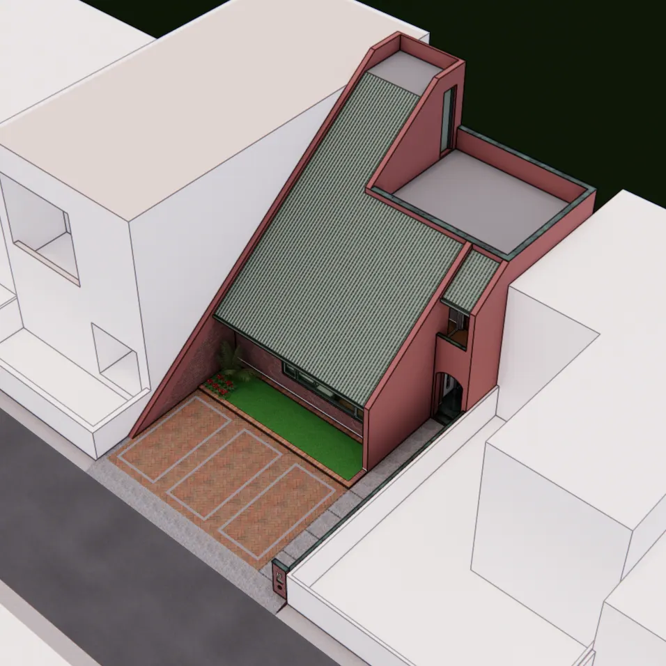 Rendered aerial view: the long green roof slope and red walls between white neighbouring blocks, with a roof terrace at the rear