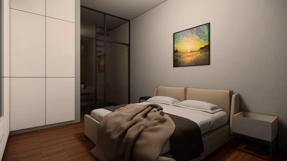 Rendered bedroom with a white wardrobe, a bed with a brown throw and a sunset painting