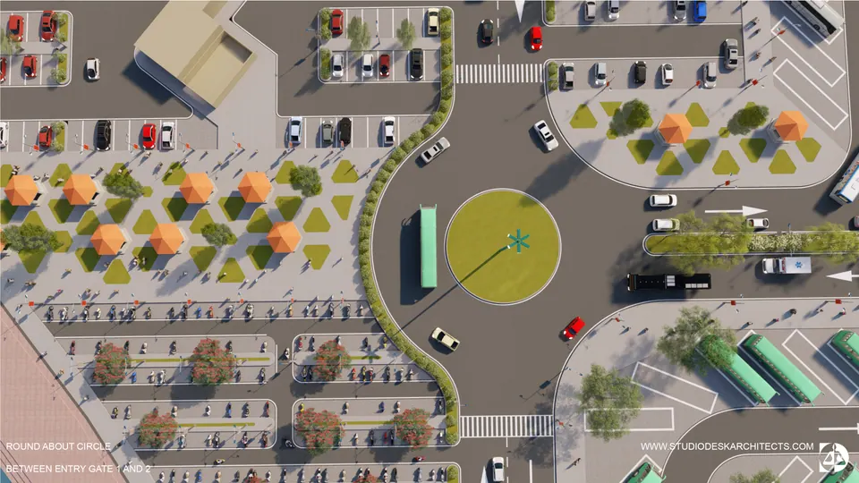 Rendered top view of a roundabout between the two entry gates, with two-wheeler bays and a plaza of kiosks