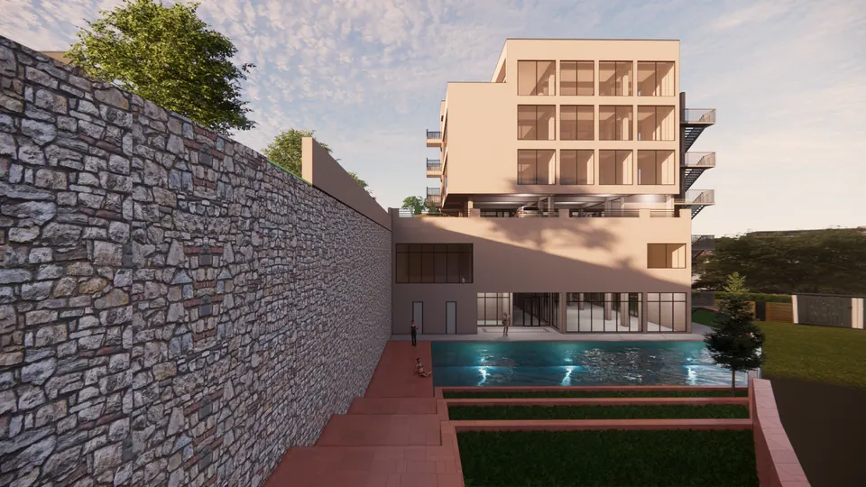 Rendered rear of the club house above a swimming pool and terraced lawns, beside a tall stone retaining wall
