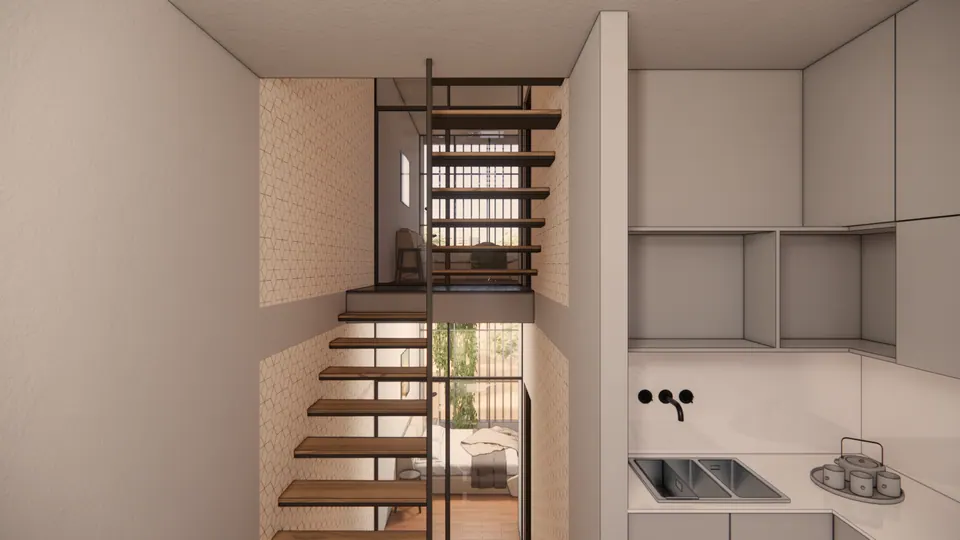 Rendered kitchen with grey cabinets and a sink, the floating timber stair and a tall window beyond
