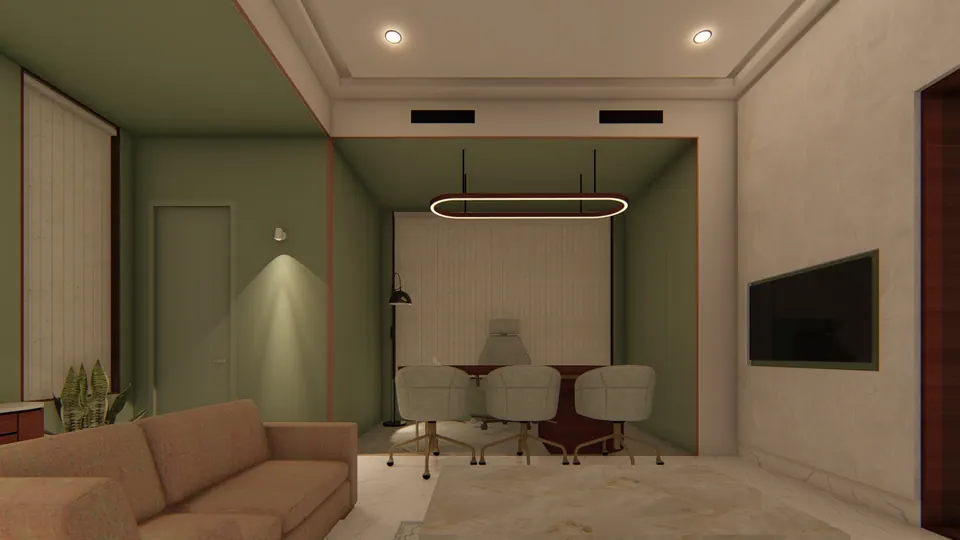 Rendered cabin with olive-green walls, a ring pendant over a meeting desk with chairs, a sofa and a wall screen