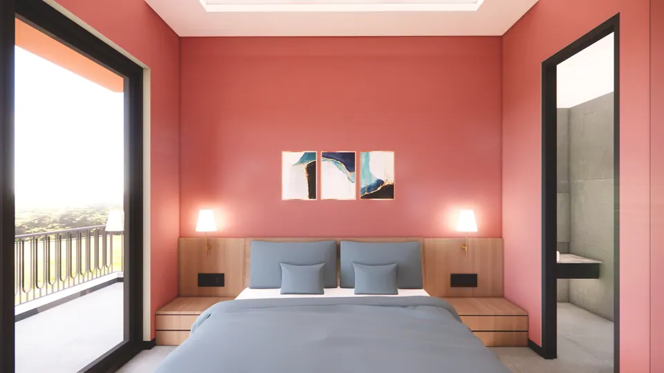 Rendered bedroom with coral-red walls and a triptych above the bed, the balcony door at left and the bathroom at right