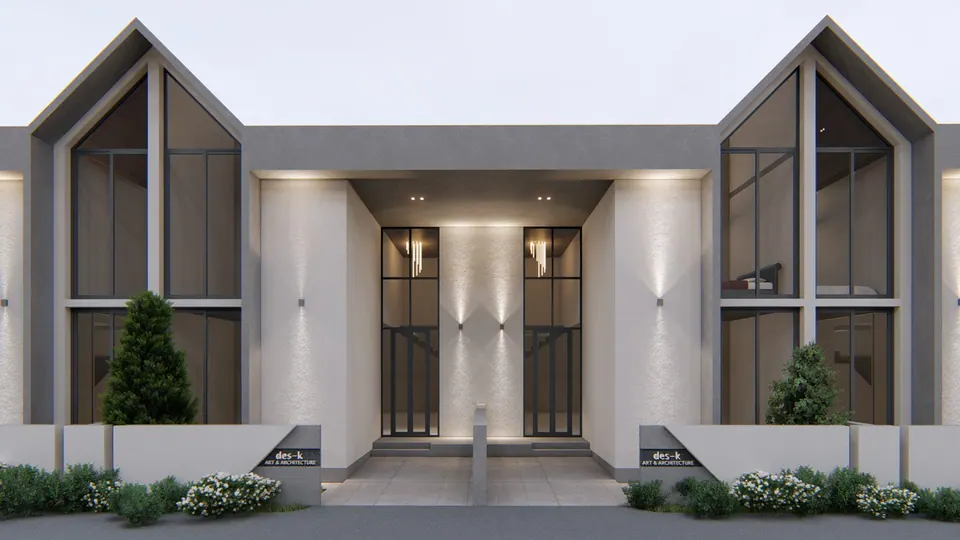 Rendered facade of two mirrored units: grey gabled glazed bays, lit recessed entrances, planters and low boundary walls