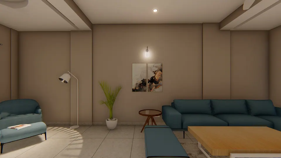 Rendered lounge with a teal sofa and armchair, a round side table, a floor lamp and abstract prints