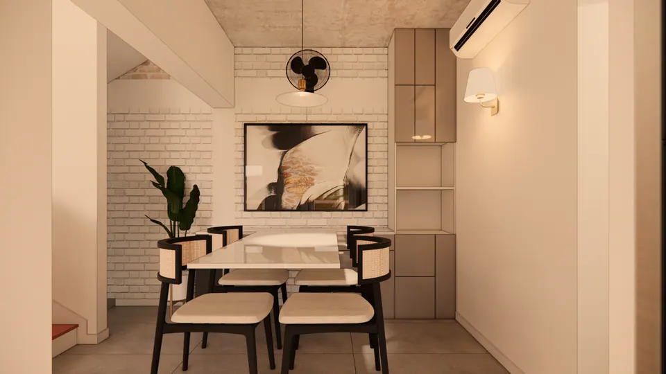 Rendered dining nook: a marble-topped table with cane-backed chairs, a large artwork on white brick and a tall cabinet