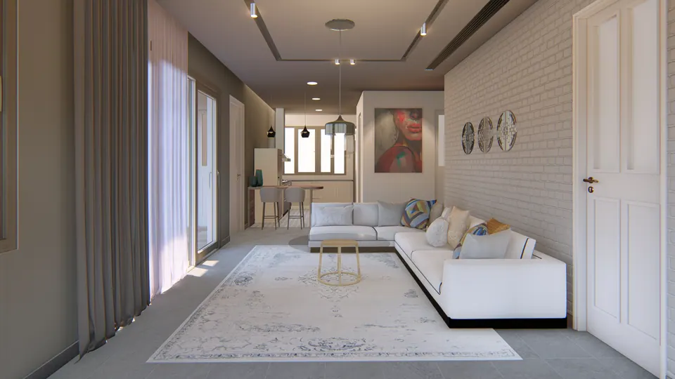 Rendered long living room: a white L-shaped sofa on a pale rug, a whitewashed brick wall and the dining area at the far end