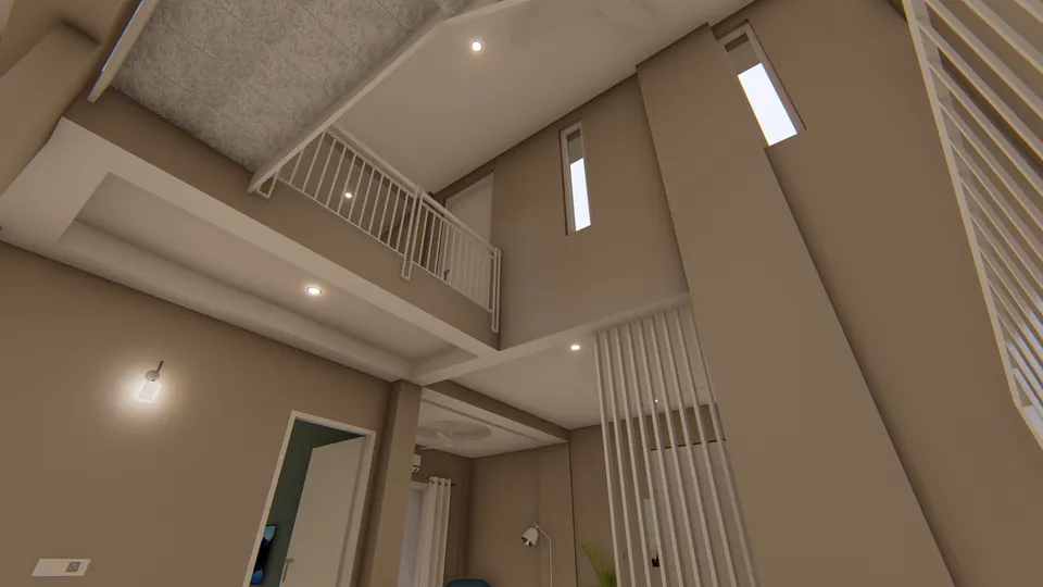 Rendered upward view of a double-height space with a mezzanine railing, a slatted screen and high windows