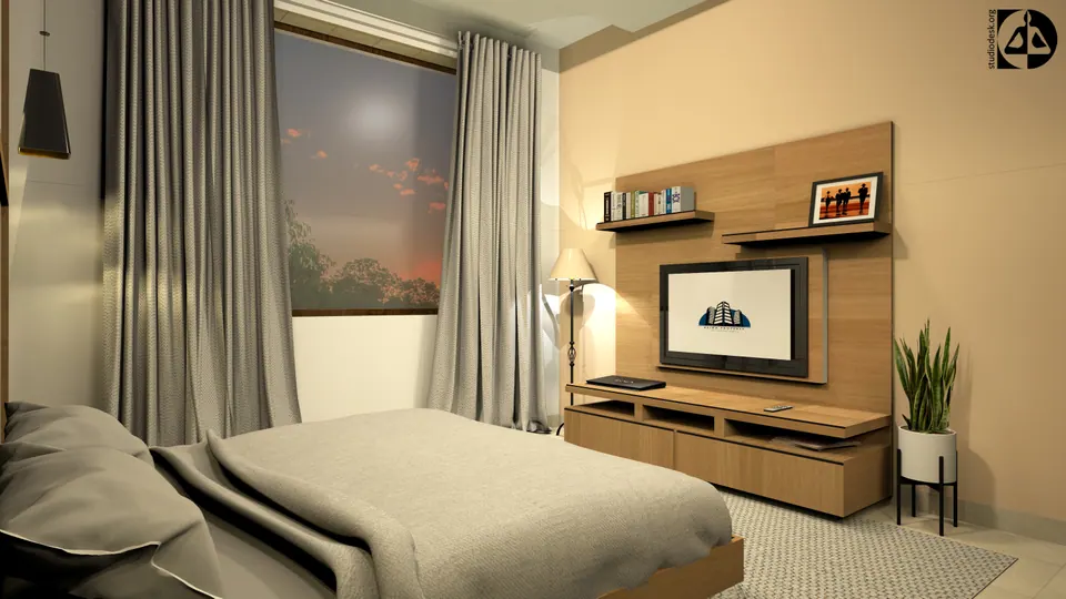 Rendered bedroom with a timber TV unit and shelves, a floor lamp and curtains at a window onto a sunset