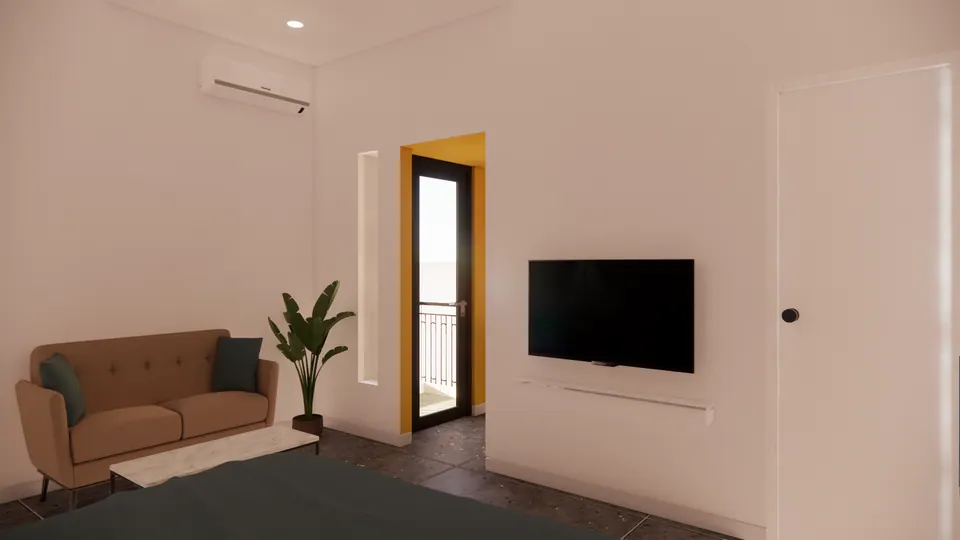 Rendered hostel room with a tan sofa, wall-mounted TV, potted plant and a yellow-framed door to the balcony
