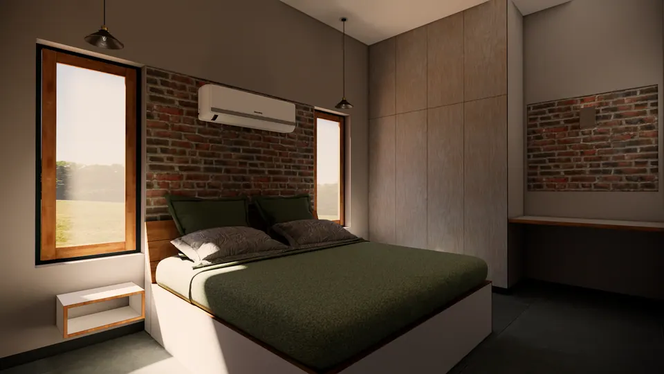 Rendered bedroom: olive bedding against an exposed-brick wall, a tall timber-framed window and a wardrobe