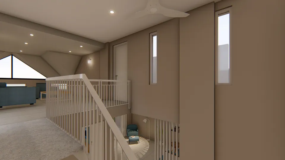Rendered upper landing with a white railing around the stair and a sofa beside a triangular window
