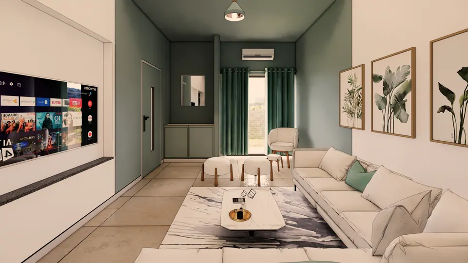Rendered living room: a long sofa, a wall-mounted TV, botanical prints and green curtains at the far window