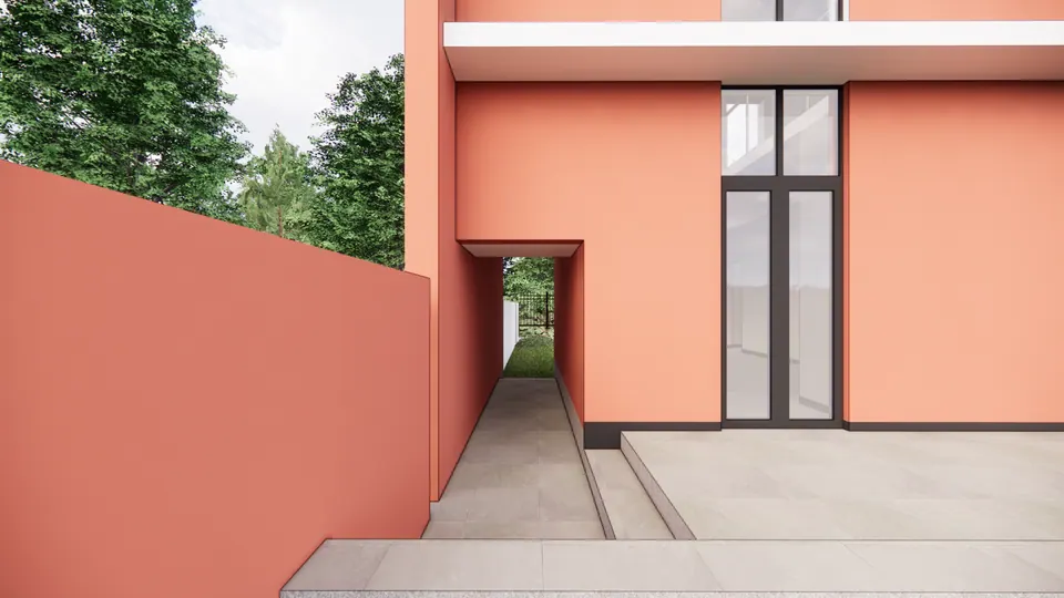 Rendered narrow passage between a coral boundary wall and the house, leading under an overhang to a tall glazed door