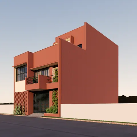 Rendered oblique view: the tall blank terracotta side wall beside the stepped front with balconies and jali panels