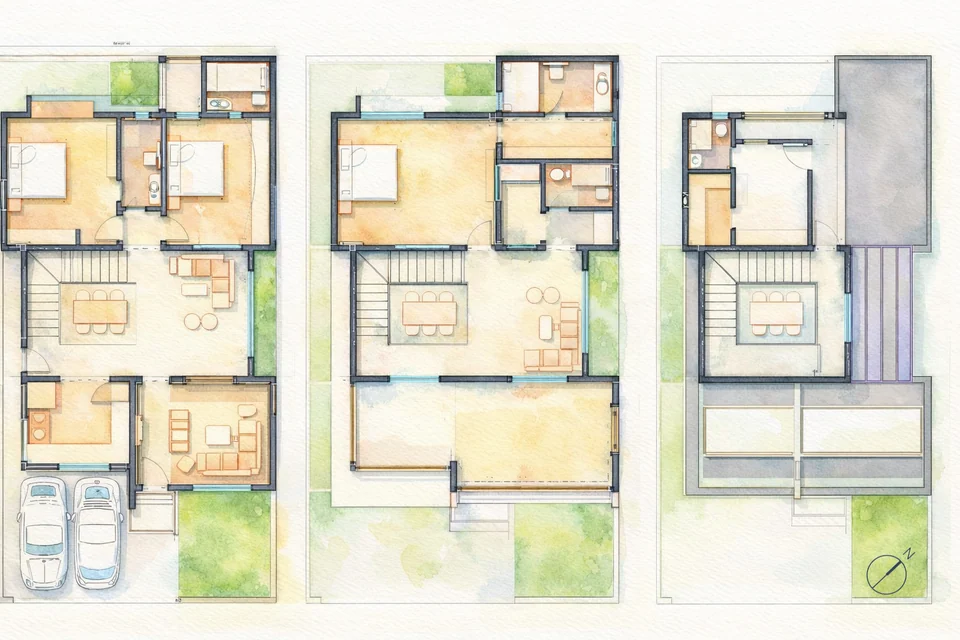 Watercolour-style plans of three levels: a ground floor with two parking bays, a floor of bedrooms and living rooms, and a terrace level