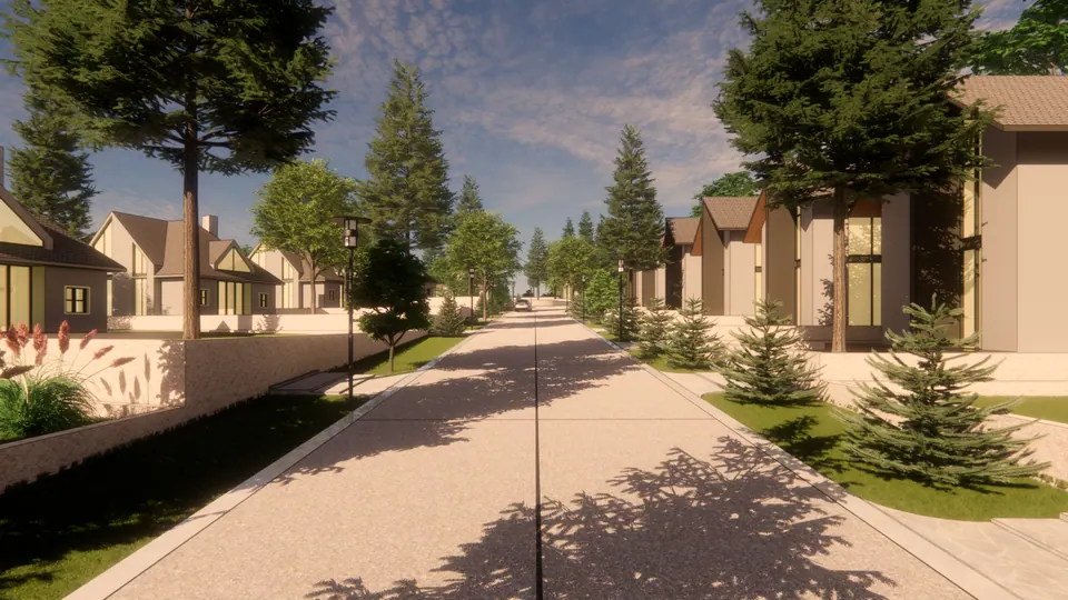 Rendered tree-lined street with low walls, conifers and gabled houses on both sides