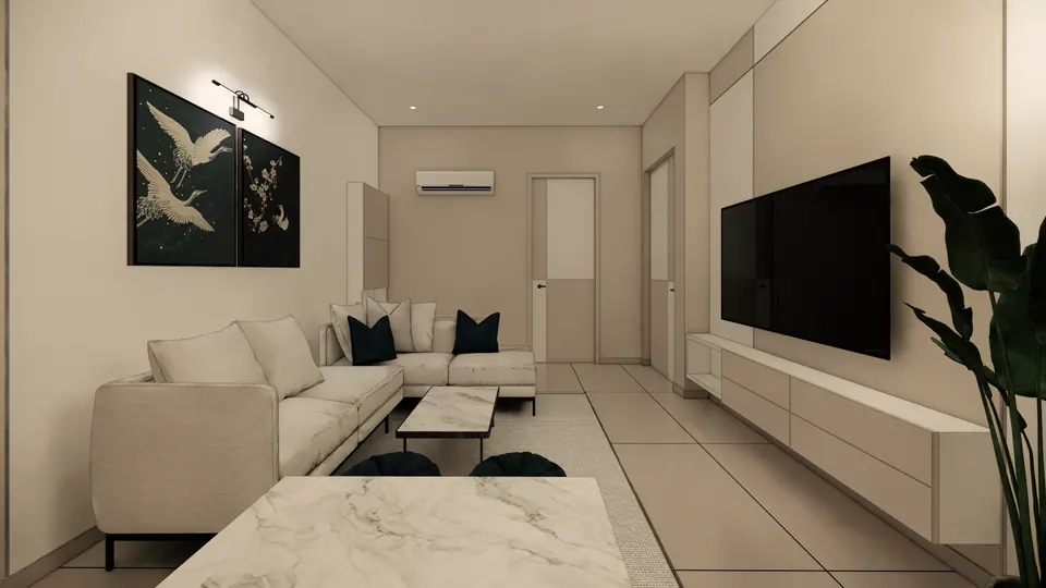 Rendered living room: an L-shaped sofa beneath a crane artwork, a long TV unit and a marble table in the foreground