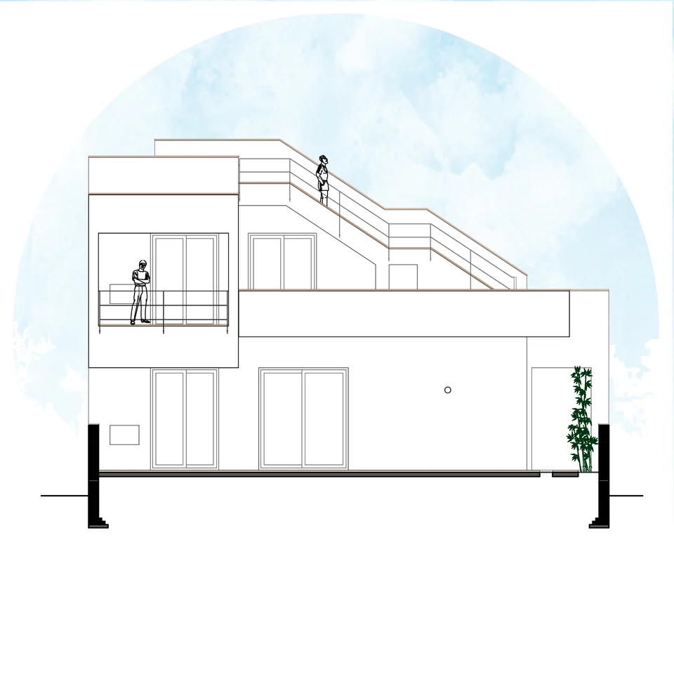 Side elevation with a terrace balcony, the stair climbing over the roof and bamboo planting at both ends